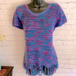 Hannah Open Knit Shark Bite Fringe Sweater Top Shirt